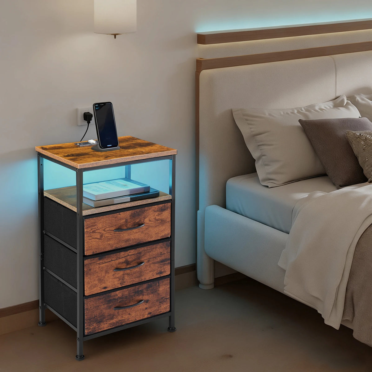 Fabric-Drawer Nightstand with Charging Station - Image 5
