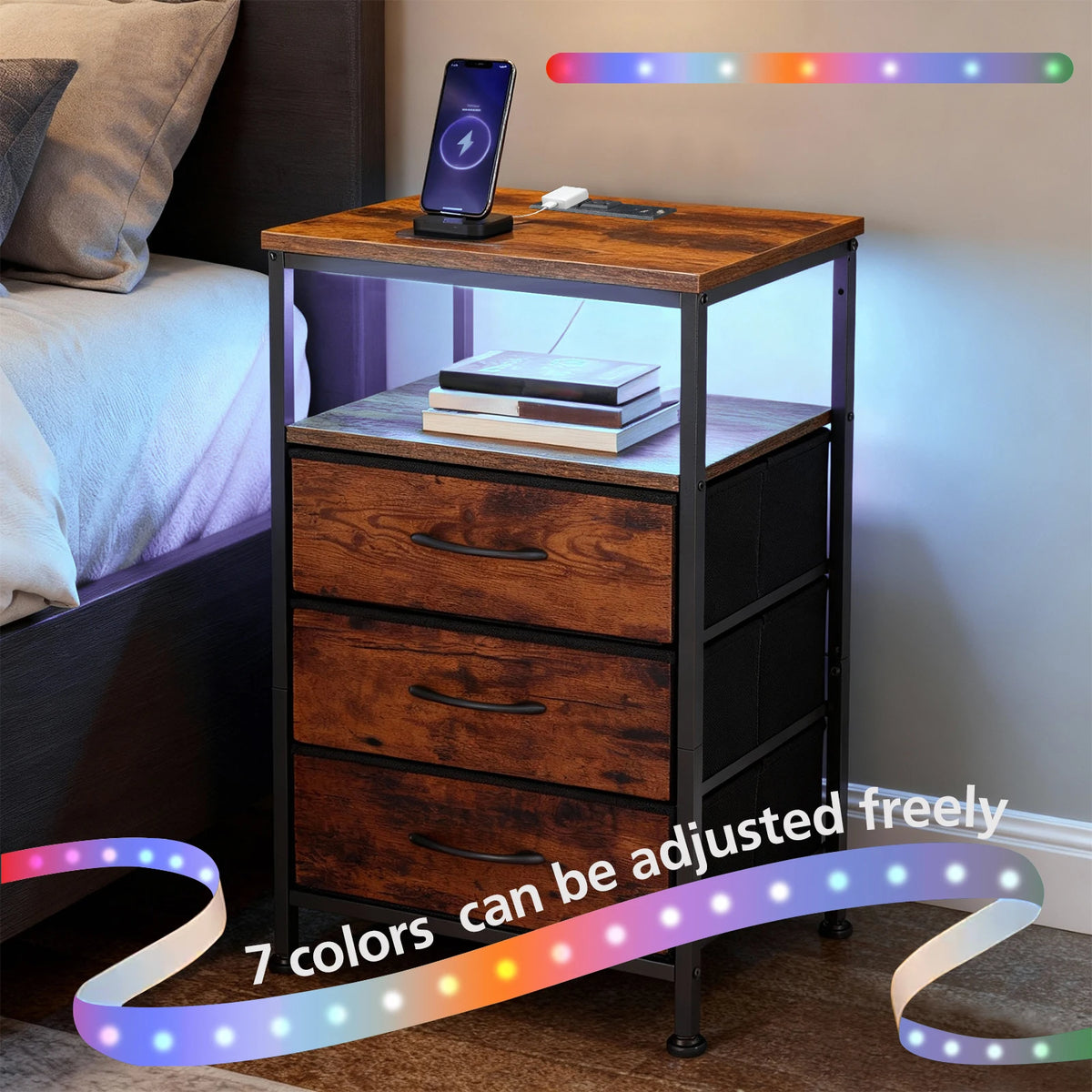 Fabric-Drawer Nightstand with Charging Station - Image 6