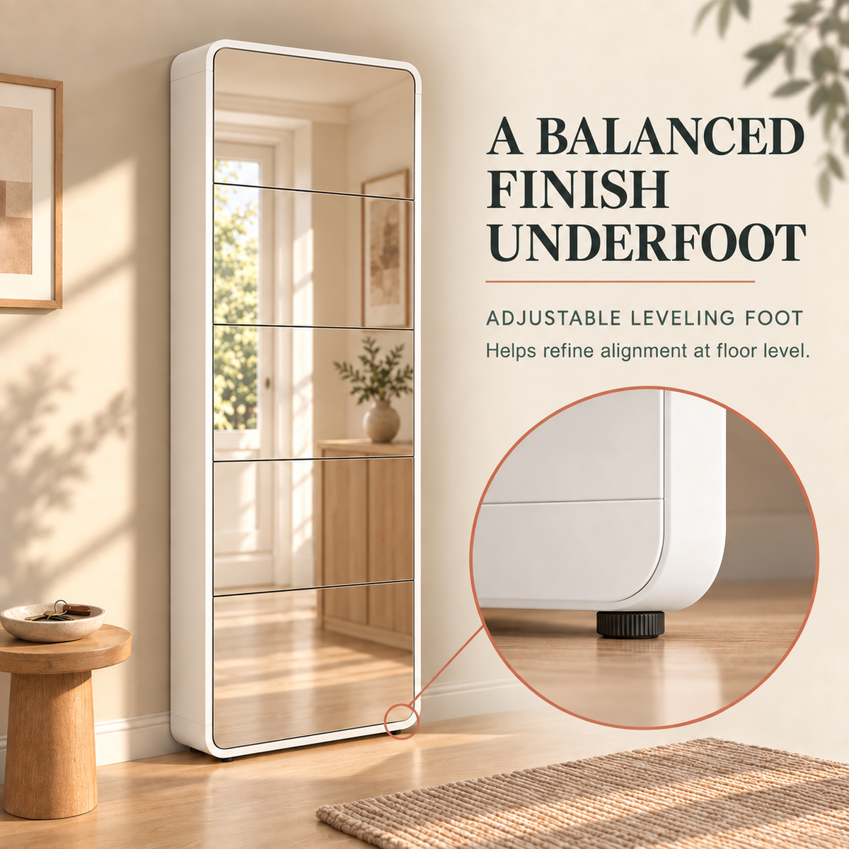 Sagerune 5 Mirror Shoe Cabinet — adjustable leveling foot