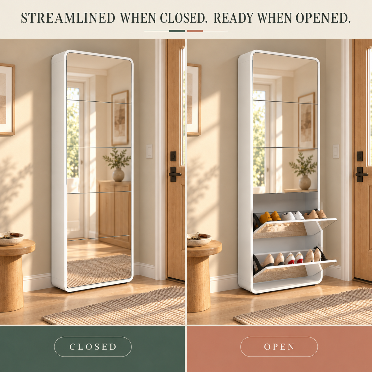 Sagerune 5 Mirror Shoe Cabinet — closed open comparison
